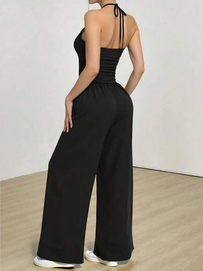 Women Summer Elegant Black High-Waist Knitted Suspender Jumpsuit Backless Women's Loose Wide-Leg Pants European Style Jumpsuit Badiee Stylez
