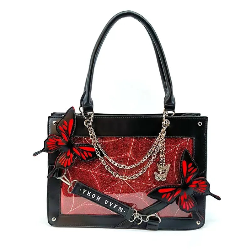 Labyrinth Butterfly Spider Web Letter Chain Handbags DIY Transparent Ita Bag Y2K Lolita Gothic Tote Vintage Fashion Shoulder Bag Black Red