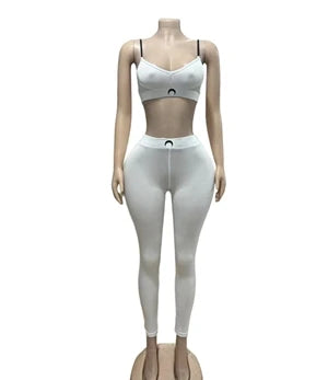 STYLISH LADY Letter Printed Workout 2 Piece Set Women Spaghetti Strap Crop Top and Skinny Pant Suits 2025 Summer Sports Outfits WHITE
