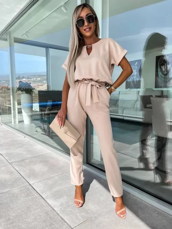 Jumpsuit Women 2023 Solid Color Short Sleeve V-neck Pocket Lace-up Pencil Long Pants Jumpsuits Summer Outfits Bodysuits Badiee Stylez