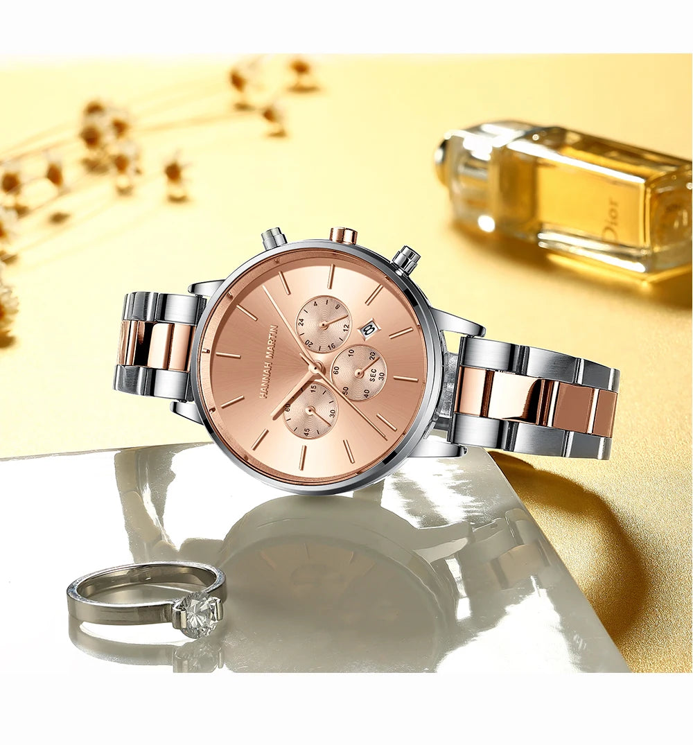 HANNAH MARTIN Brand Women Multifunctional Watch Original Stainless Steel Rose Gold 36mm Quartz Movement Casual Banquet Wristatch