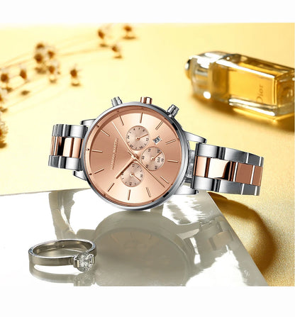 HANNAH MARTIN Brand Women Multifunctional Watch Original Stainless Steel Rose Gold 36mm Quartz Movement Casual Banquet Wristatch