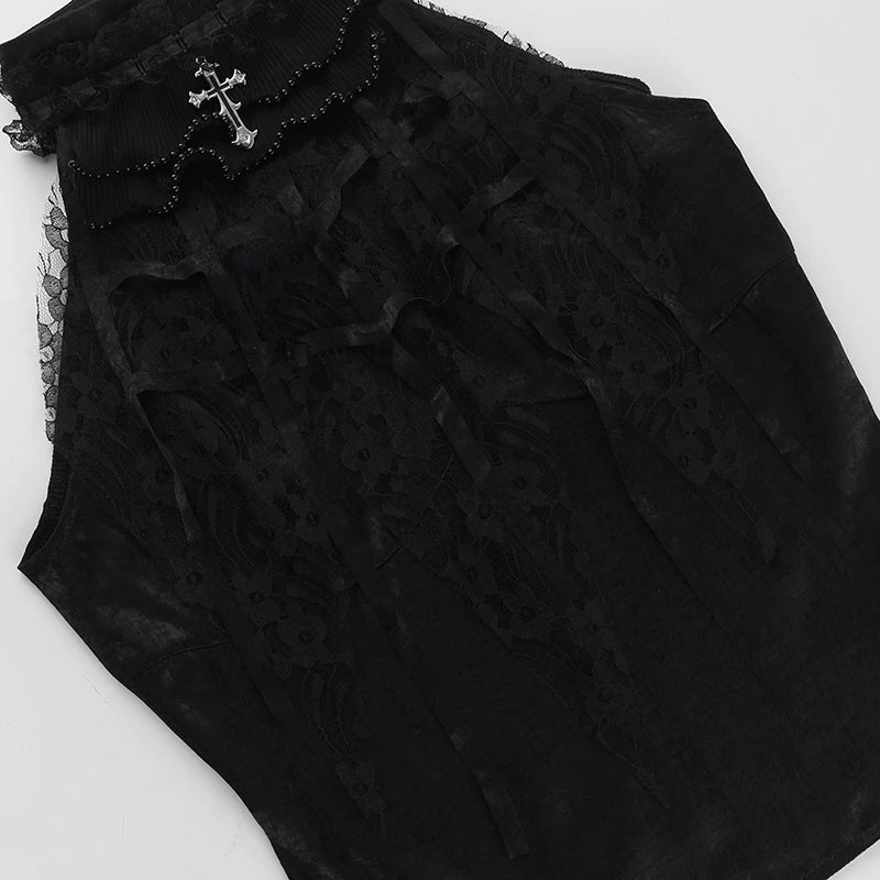 Goth Sexy Lace Corset Crop Tops Camis Y2K Harajuku Aesthetic Black Red Cross Basic Tank Top Summer Women Grunge Emo Streetwear