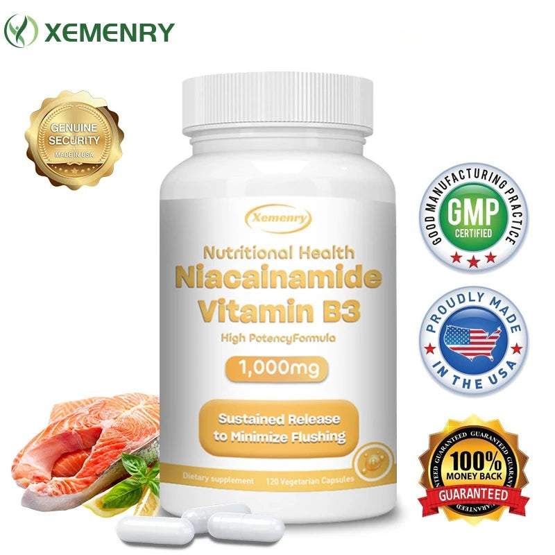 Niacinamide Vitamin B3 Capsules - Supports Skin Cell Health, Whitens Skin, Promotes Brain Function, and Enhances Energy