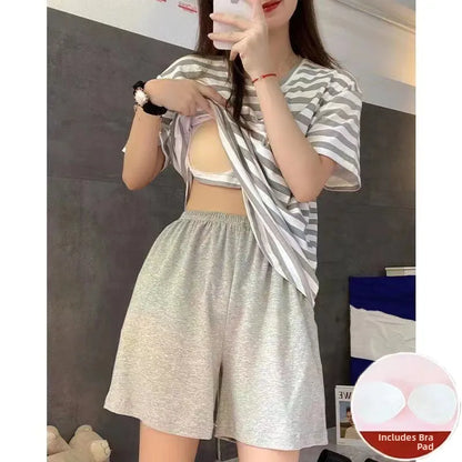 Women's Summer Spwear ort Sve Thin Striped Home Clothes Two-Piece Set with Chest Pad Milk Silk round Ne Pullover N stripe chest pad double short gray