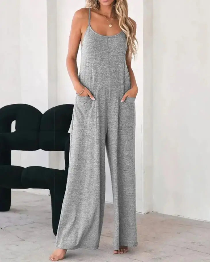 Jumpsuit For Women 2022 Fashion Grey Pocket Design Spaghetti Strap  Casual Home Daily Chic Loose Wide Leg Cami Jumpsuit Badiee Stylez