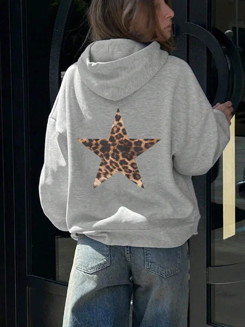 Casual Womans Hoodies Leopard Pentagram Pattern Printing Pullovers Loose Pocket Warm Fleece Sweatshirts Autumn Female Clothing DW362A-Gray-WY