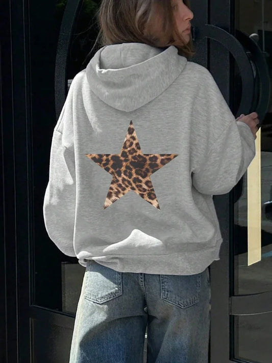 Casual Womans Hoodies Leopard Pentagram Pattern Printing Pullovers Loose Pocket Warm Fleece Sweatshirts Autumn Female Clothing DW362A-Gray-WY