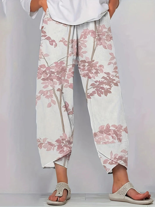 Womens Plus Size Casual Summer Pants Straight Leg Floral Print with Pockets Machine Washable Non Stretch Fabric for Casual Wear Pink