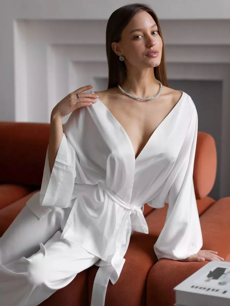 Mozuleva Solid Color Long Sleeved Pants Pajama 2-Piece Set Women's Autumn Winter Lace Up Nightgown Comfortable Home Clothing