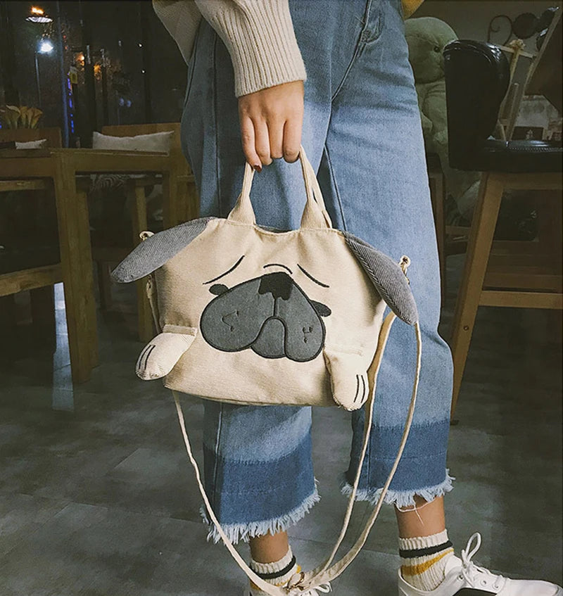 Cute Animal Handbags For Women Casual Travel Large Capacity Totes Shoulder Bags Pug Dog Corduroy Messenger Bag Feminine Bolsas