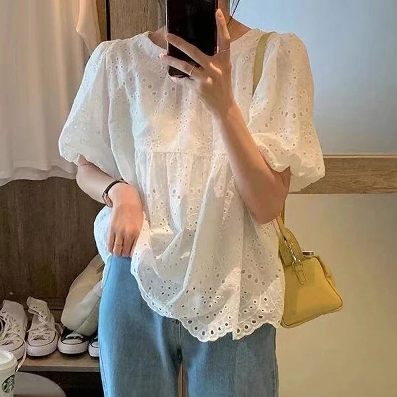 Summer French Style Embroidery Hollow Out Shirt New White Lace Blouse for Women Short Puff Sleeve Tops Round Collar Clothes 930 WHITE
