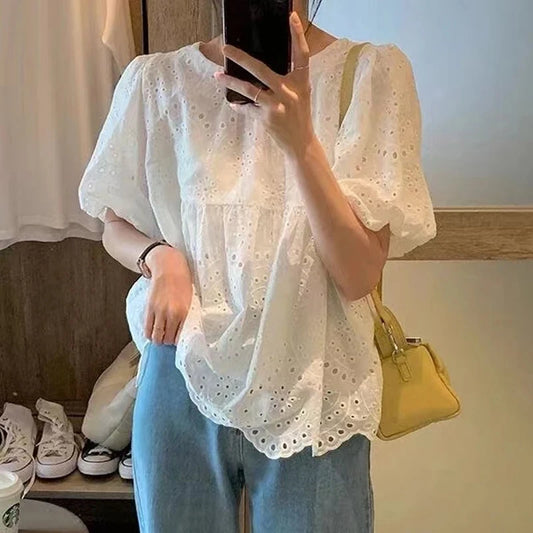 Summer French Style Embroidery Hollow Out Shirt New White Lace Blouse for Women Short Puff Sleeve Tops Round Collar Clothes 930 WHITE