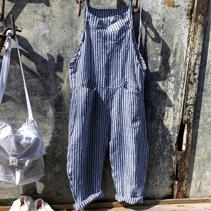 Casual Striped Overalls Korean Style Women's Summer Loose Fit Suspenders Jumpsuits Contrast Color Wide Leg Pants WIth Pockets Blue