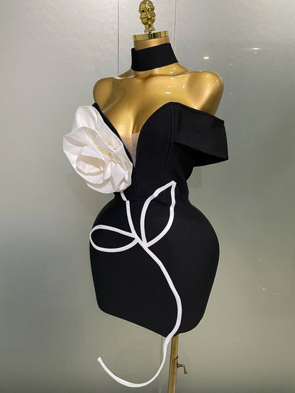 Women 2025 New Sexy Off Shoulder White Flower Black Mini Bodycon Bandage Dress Luxury Celebrity Evening Club Elegant Party Gowns