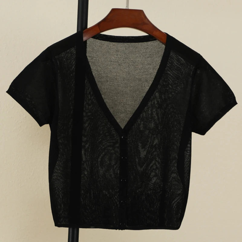 Outerwear Jerseys Summer Cardigan Women Cropped Blouses Korean Fashion Style Cute V-neck Women's Coat Black Bolero Woman Basic black CHINA