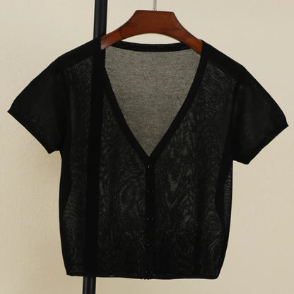 Outerwear Jerseys Summer Cardigan Women Cropped Blouses Korean Fashion Style Cute V-neck Women's Coat Black Bolero Woman Basic black CHINA