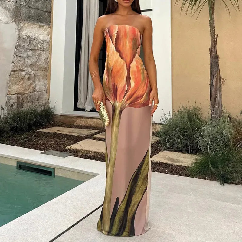 Sexy Strapless Backless Printed Long Dress Women Fashion Sleeveless Off Shoulder Vestidos 2024 Summer Lady Party Evening Robes Mixed Color