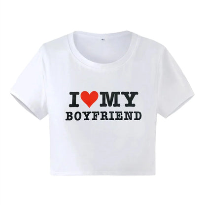 I LOVE MY BOYFRIEND Summer Fashion Girls Crop Tee Short Short Sleeve Women T-Shirt Casual Tops 90s Girls Ladies Female Luqi XY10