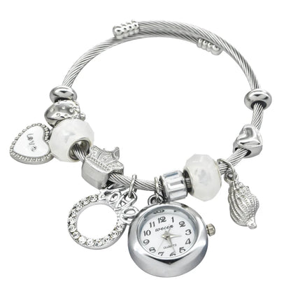 Fashion Women's Bracelet Watch Love with stylish decor refined round quartz watch silvery casual elegance