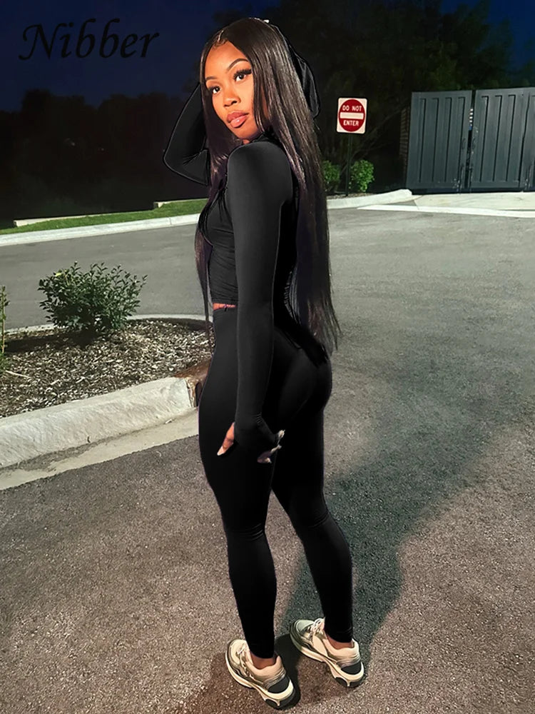 Nibber Sporty Casual 2 Piece Set Women Tracksuit Hooded Zip Crop Tops+Leggings Fitness Soft Stretch Streetwear Activity Suit