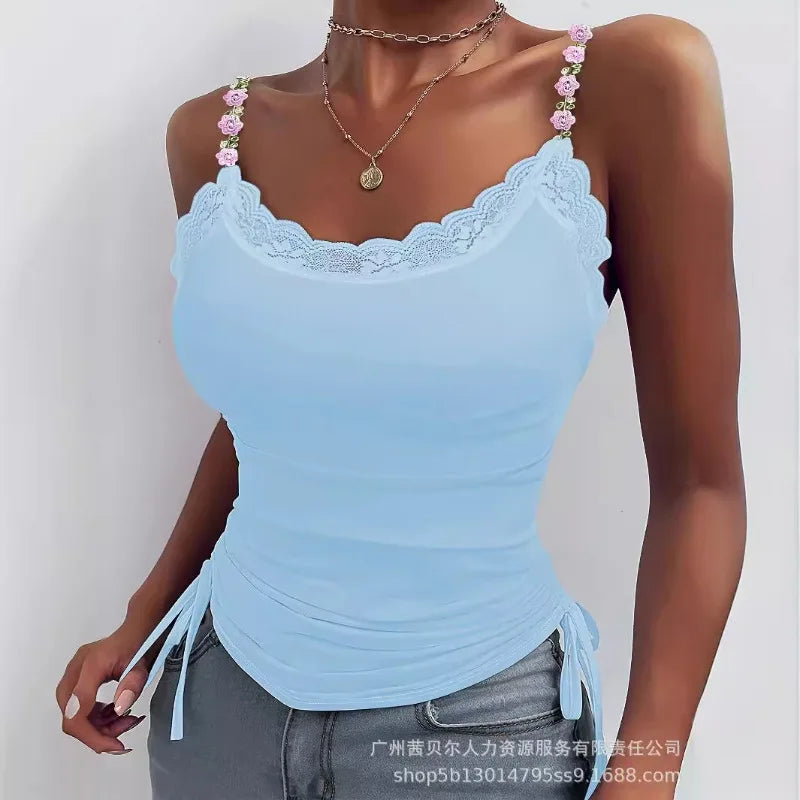 2024 Spring Summer New Vest Top Women's Closing Solid Color Slim Top Women Sexy Lace Stitching Three-Dimensional Decoration Vest