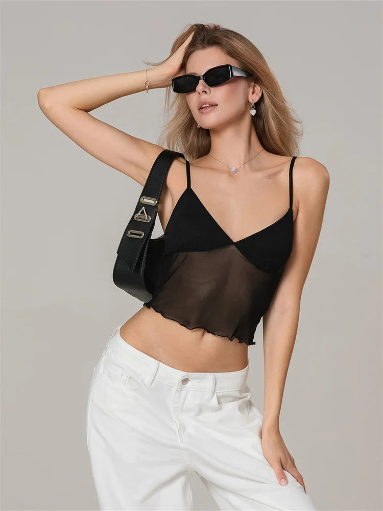 Women Camisole Tops Spaghetti Straps Tulle Patchwork Slim Fit Tank Tops Party Club Sexy Vinateg Corset Cropped Top Summer