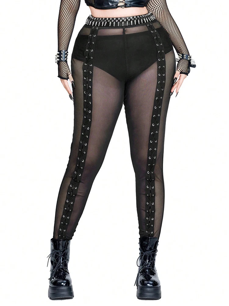 Plus Size Rave Coachella Women's Cock Eye Webbing Drawstring Tie-Up Mesh Spliced Mesh Trousers Punk Style