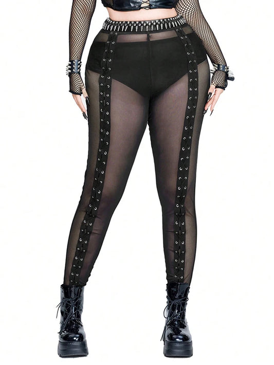 Plus Size Rave Coachella Women's Cock Eye Webbing Drawstring Tie-Up Mesh Spliced Mesh Trousers Punk Style
