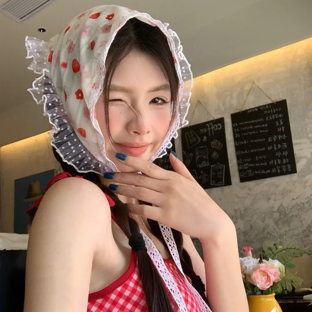 French Pastoral Style Triangle Triangle Headband Fiber Handmade Flower Headscarf Flower Lace Turban Hair Accessories Beach