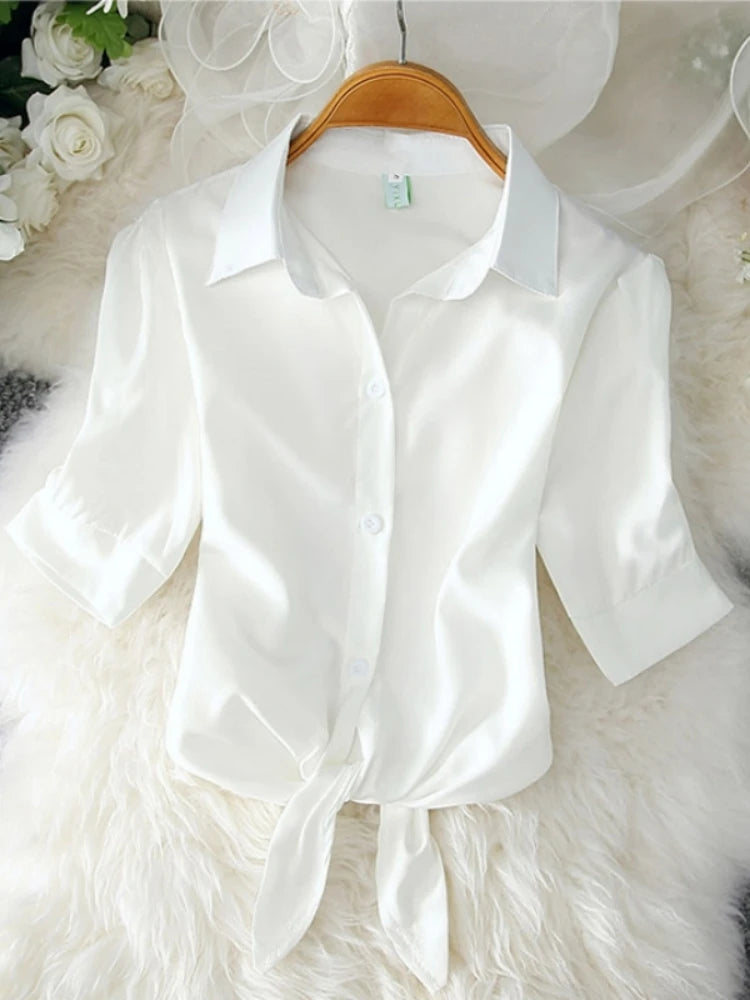 2023 Fashion Solid Color White Women Shirt Casual Blouses Autumn Half Sleeve Elegant Office Lady Tops 19870 WHITE