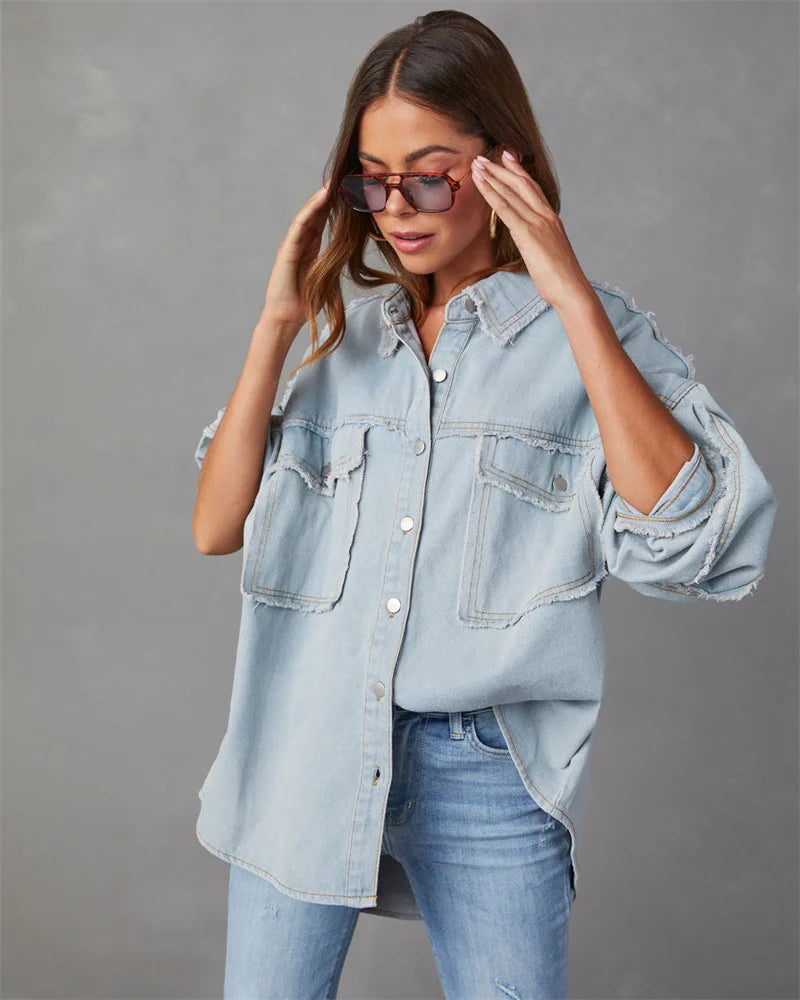 2025 Spring Autumn Shirt Style Denim Jacket Women Holes Raw-edges Jeancoat Casual Tops Female Oversize Loose Outerwear 7 Colors