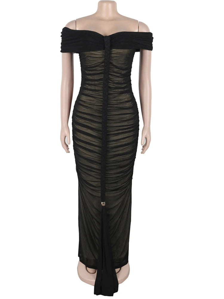 Beyprern Luxe Goddess Ruched Mesh Maxi Dress Elegant Women's Off Shoulder Pleated Bandage Beach Vacation Dress Holiday Outfits
