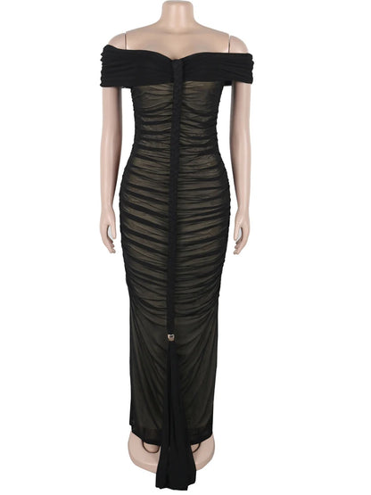 Beyprern Luxe Goddess Ruched Mesh Maxi Dress Elegant Women's Off Shoulder Pleated Bandage Beach Vacation Dress Holiday Outfits