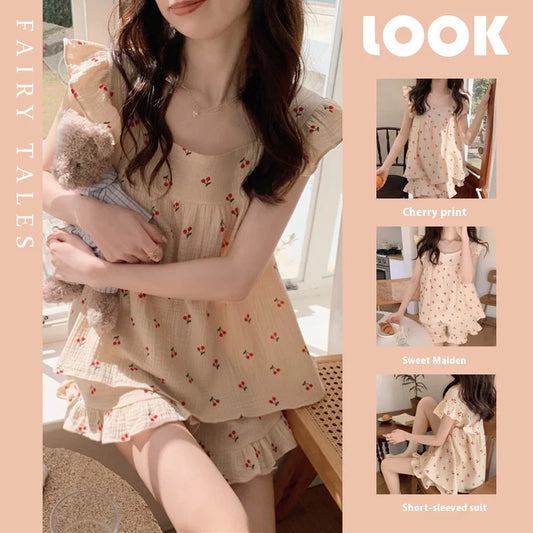 Summer Pajamas Loungewear Set Women's Summer Suspender Pajama Set Student Vest Shorts Foam Insy Style Two-Piece Loungewear Set