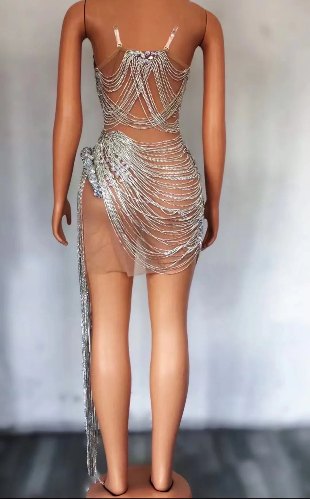 STOCK Sparkly Rhinestone Fringe Dress Women Sexy Birthday Wedding Party Prom Drag Queen Costume Outfit Stage Wear Festival