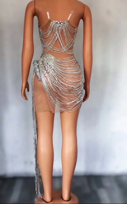 STOCK Sparkly Rhinestone Fringe Dress Women Sexy Birthday Wedding Party Prom Drag Queen Costume Outfit Stage Wear Festival