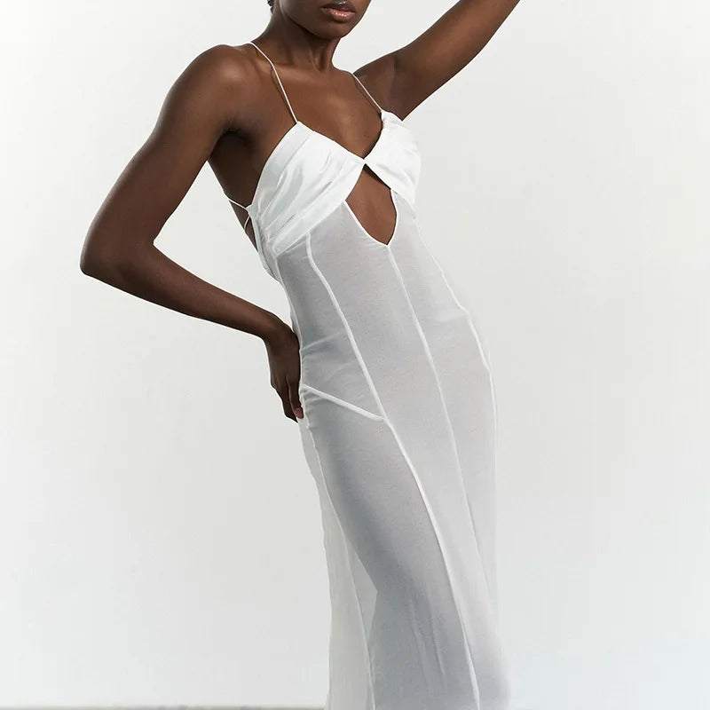 Shestyle 2025 Women Summer Outfits Beachwear Vacation Transparent Mermaid Dress Backless V Neck Spaghetti Strap Hollow Out