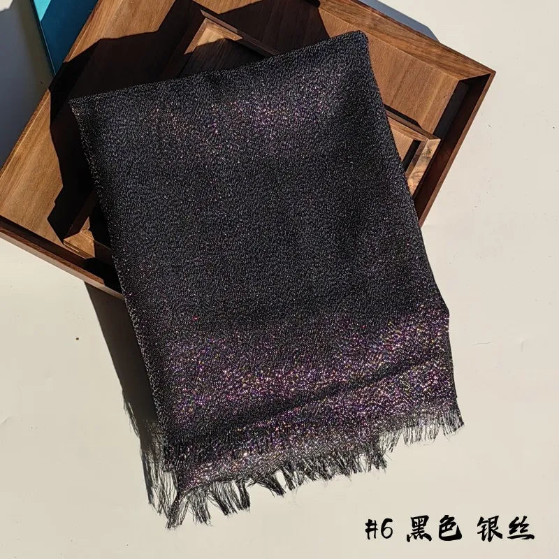 Lastest Brand Design Scarf Shiny Solid Color Shawls Rayon Fabric Gold Silk Silver Wire Head Shawl Fringe Hijab For Women 6
