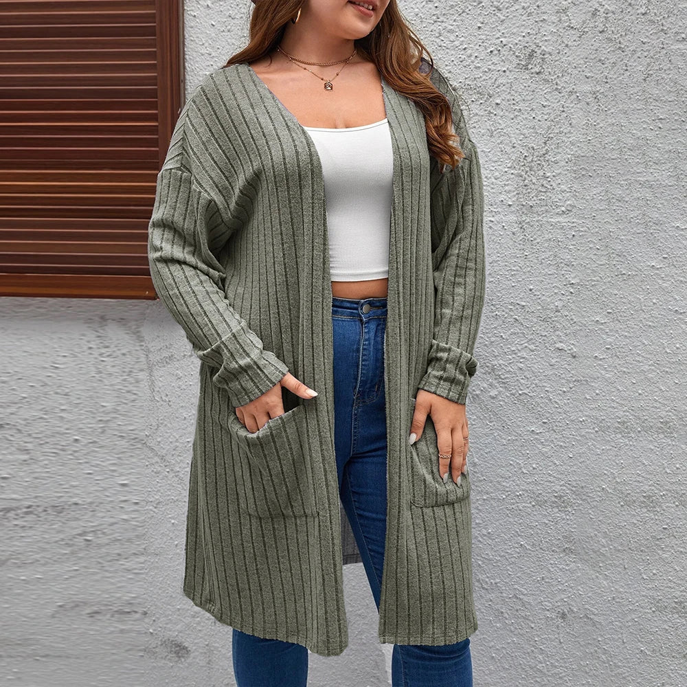 Plus Size Women's Solid Ribbed Long Sleeve Pockets Cardigan Tops Spring Autumn Ladies Casual Coatigan Outwear Size 1XL-5XL