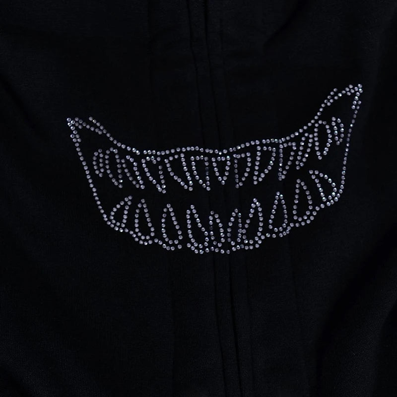 Y2K Rhinestone Cobweb Zip Up Oversized Sweatshirt 2022 Autumn Goth Hoodie Men Women Grunge Hooded Jacket Streetwear Y2K Clothing