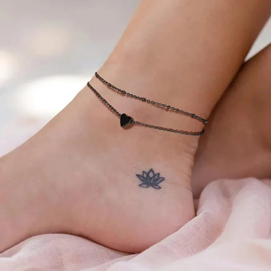 Double Tiny Heart Chain Anklets for Men Women Teen Girls, Black Tone, Ankle Bracelets Hypoallergenic Adjustable Default Title