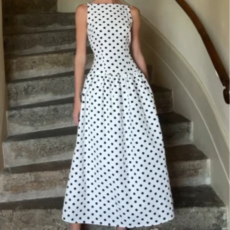 Fashion Polka Solid Slim Vestido Lady Elegant Chic Sleeveless Off Shoulder Pleat Square Neck Maxi Dress Summer Dinner Party Wear
