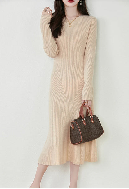 Women's Pure Wool Knitted Long Dress, Round Neck, Fishtail Skirt, Slim, Elegant, Casual, Fashionable, Sweater, 2024Autumn/Winter Badiee Stylez