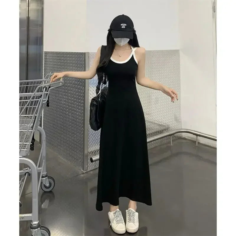 New Fashion Summer Black Loose Slip Dress Off Shoulder Solid Simplicity All-match Sleeveless Dress Temperament Women Clothing