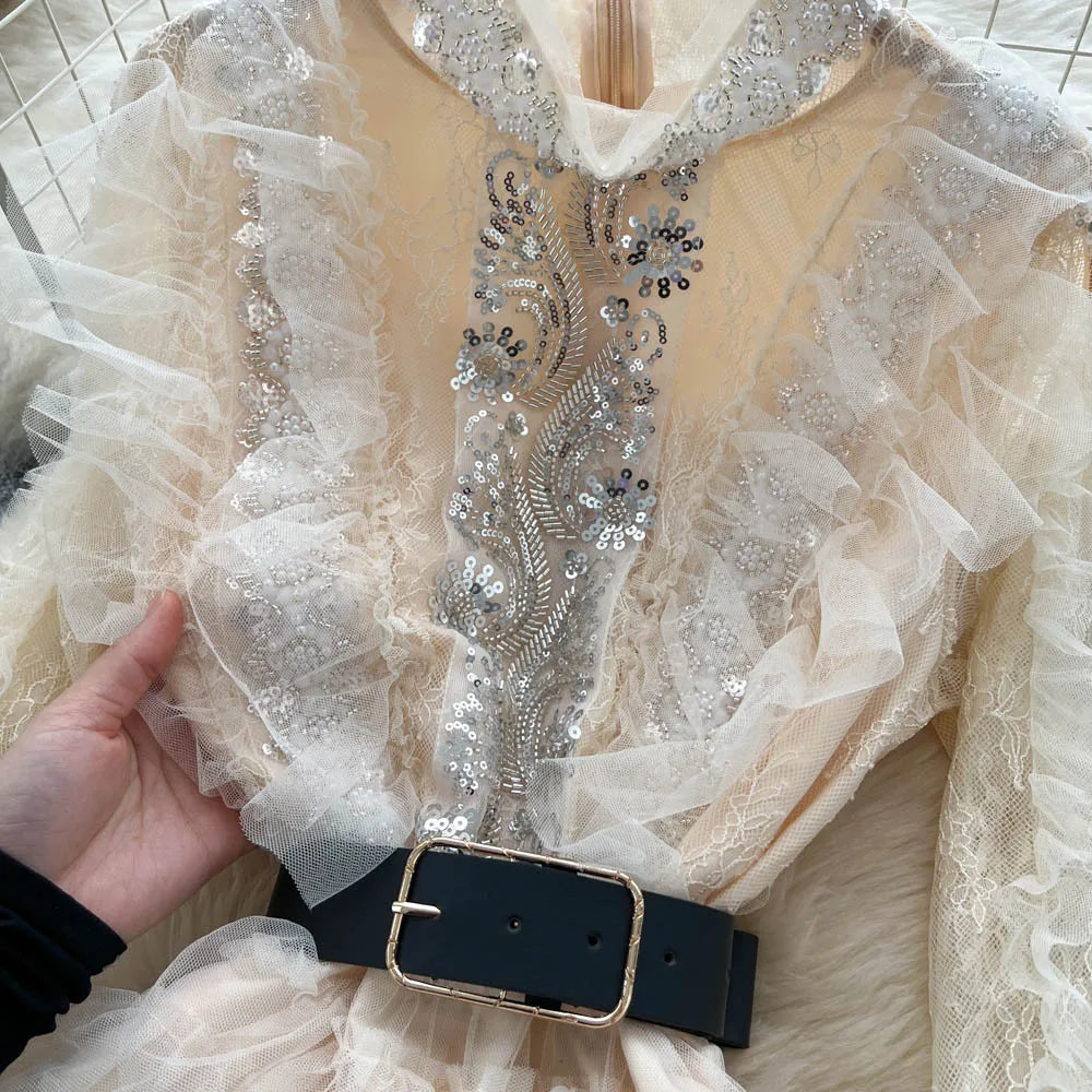 Evening Dress Women Gown Ruffles Stand Collar Full Sleeve Long Dresses Elegant A Line Spliced High Waist Vestidos Mesh Wedding Badiee Stylez