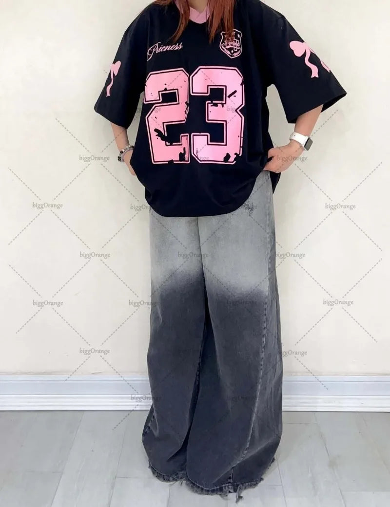 Y2K Harajuku Trendy Streetwear Top American Retro Digital Striped Print V-neck T-shirt Hip-hop Goth Casual Loose Jersey Women AA