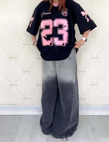 Y2K Harajuku Trendy Streetwear Top American Retro Digital Striped Print V-neck T-shirt Hip-hop Goth Casual Loose Jersey Women AA