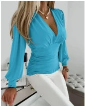 Sexy Geometric Printing Deep V Tops Women Bodycon Pleated t Shirts Lady Party Long Sleeves Slim Blouse Clothes blue