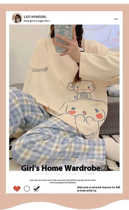 Spring and Autumn New Women's Thin Section Pajamas Homewear Suit Girls Summer Long-Sleeved Homewear Plus Size Cartoon Loose Suit